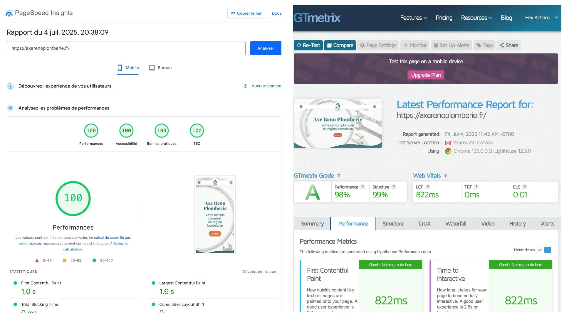 PageSpeed Axe Reno Plomberie